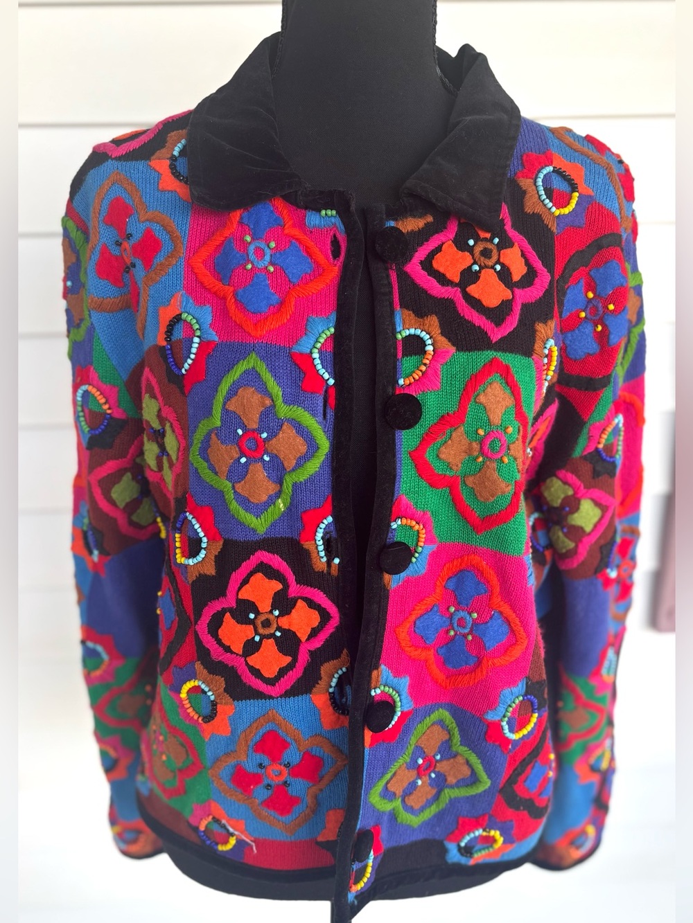 Vintage 90s Michael Simon Patchwork Beaded Cardigan Jacket XL